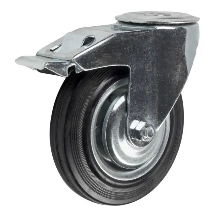 Промышленное колесо, диаметр 160мм, крепление под болт 16 мм, поворотная опора, тормоз, черная резина, роликовый подшипник - SChb 63